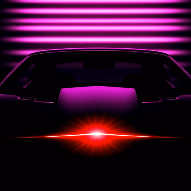 K.I.T.T.'s red scanner glowing beneath neon bands