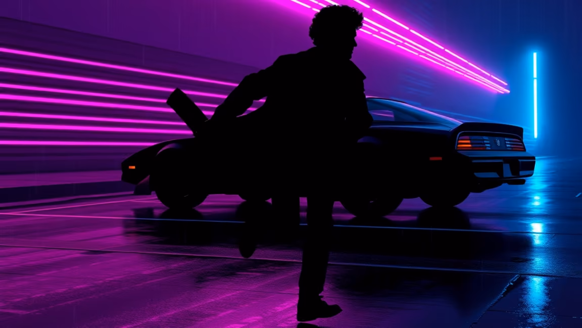 A shadowy field operative running past a black car on a neon-lit street