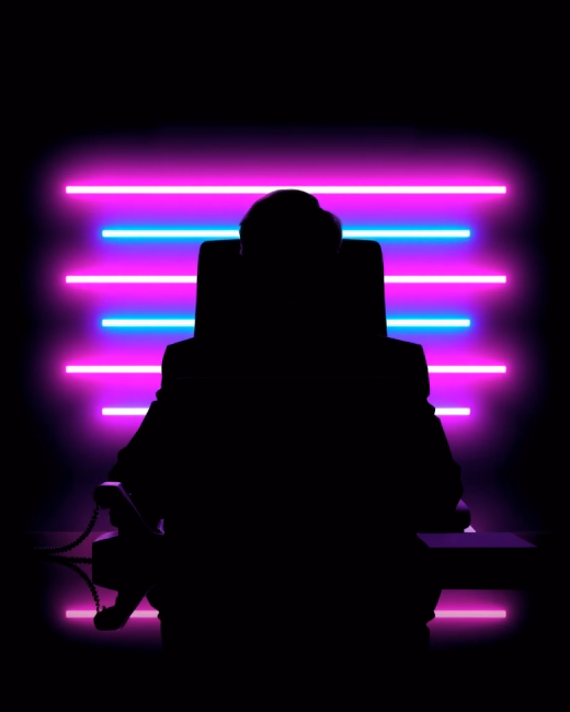 Neon silhouette of Devon Miles behind his desk