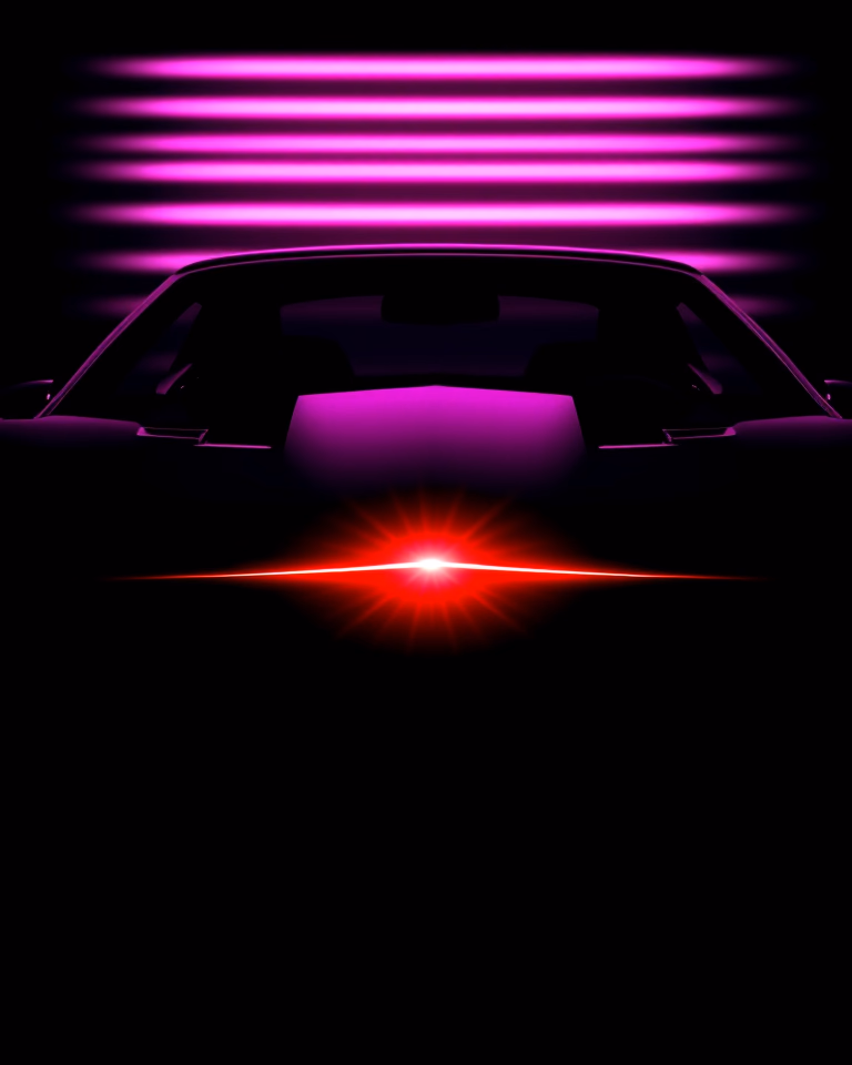 Neon silhouette of K.I.T.T. head-on with its red scanner lit